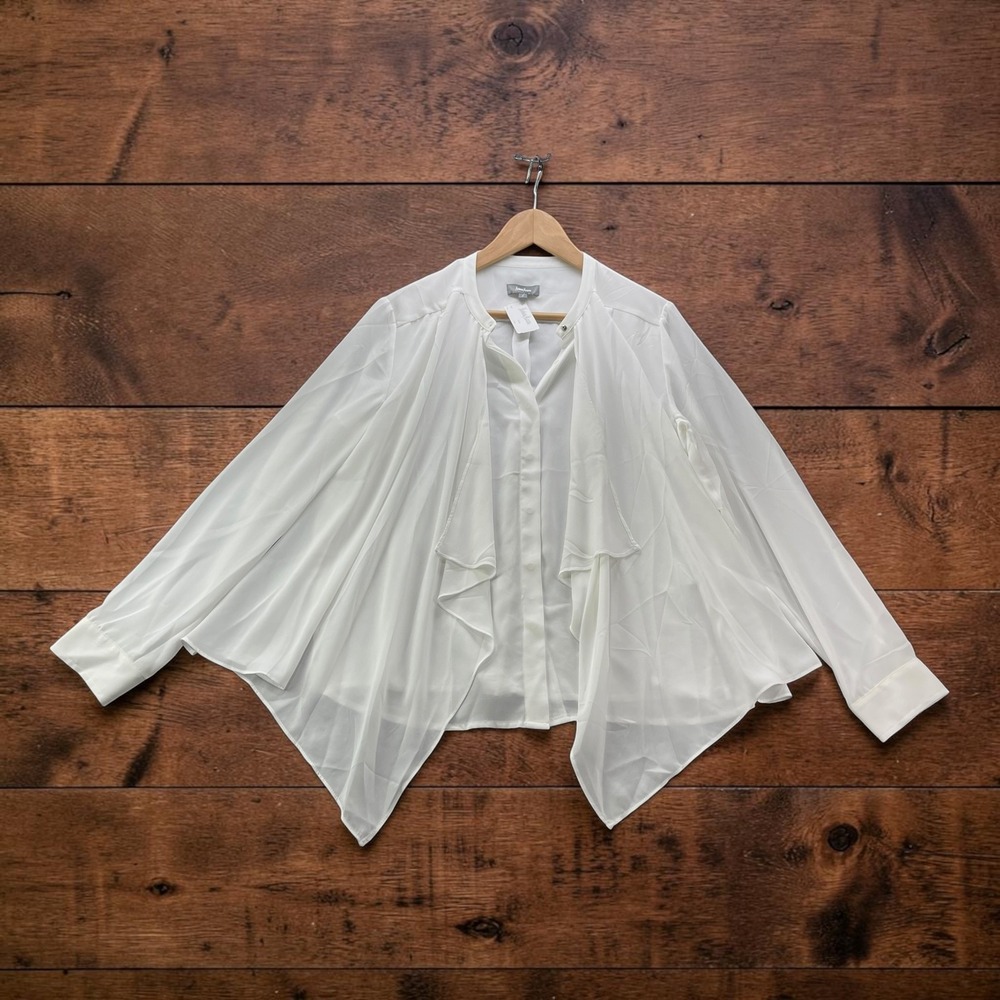 NEW Neiman Marcus Ivory Draped Overlay Blouse Long Sleeve Button Down Large NWT